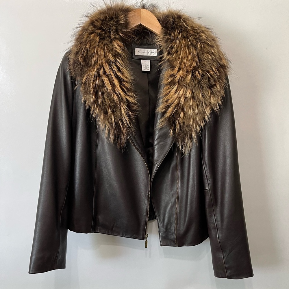Vintage Preston & York Lambskin Leather Raccoon Fur Collar Jacket